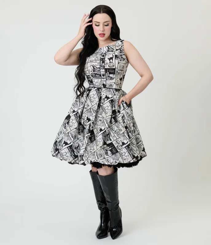 Retrolicious Black & White Spooky News Print Elizabeth Cotton Swing Dress sold by Unique Vintage