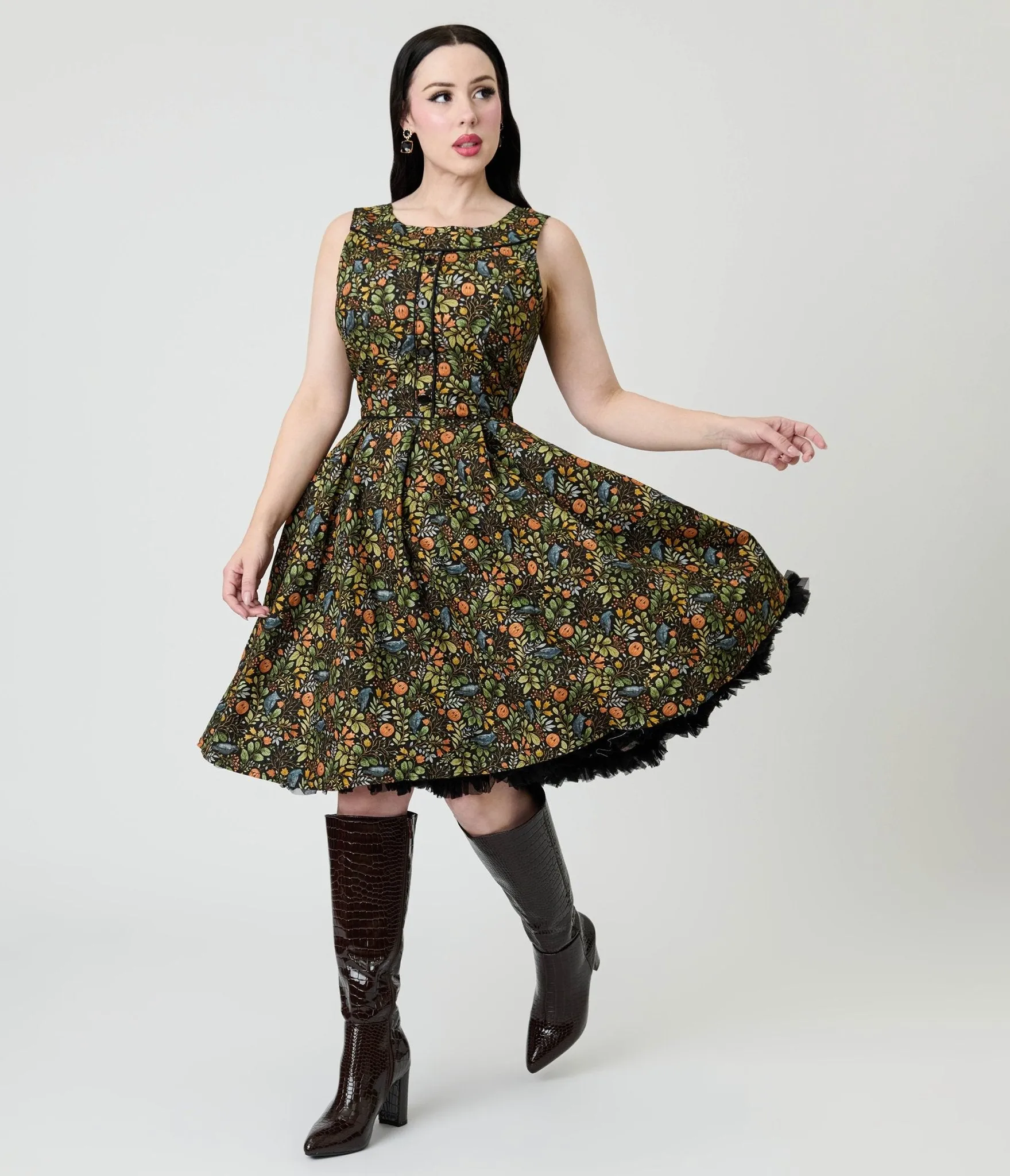 Retrolicious Black Fall Pumpkin Elizabeth Cotton Swing Dress sold by Unique Vintage