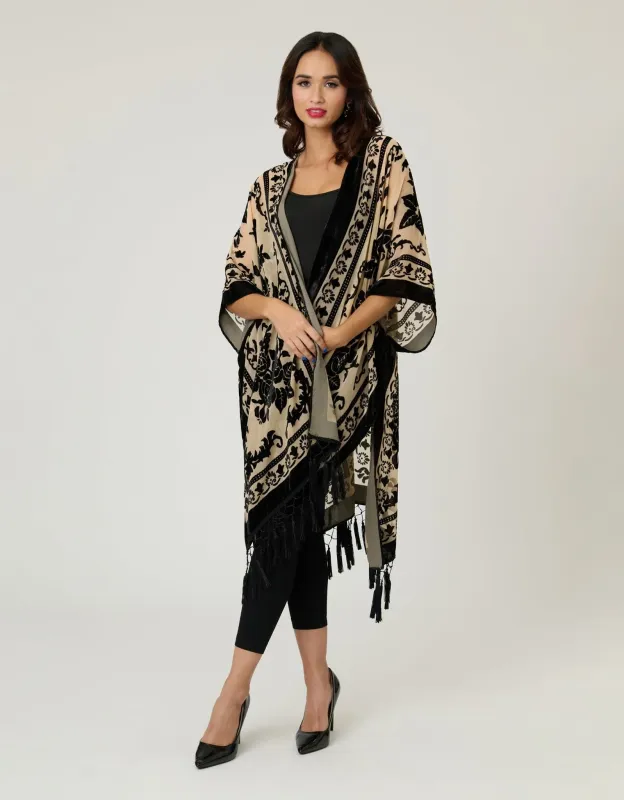 Ivory & Black Velvet Tapestry Tassel Kimono sold by Unique Vintage