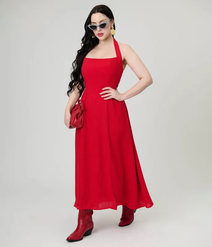 Red Halter A-Line Midi Dress sold by Unique Vintage