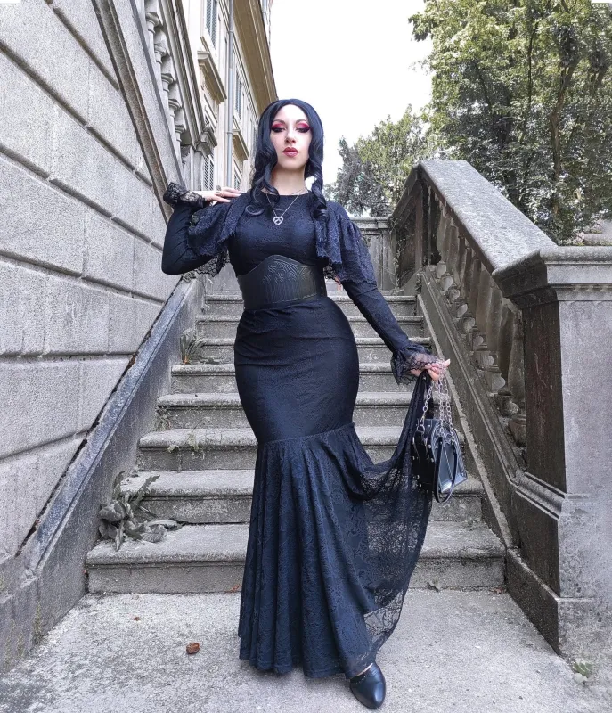 Witchwood Bags Black Lace Mermaid Burton Maxi Dress made by Unique Vintage