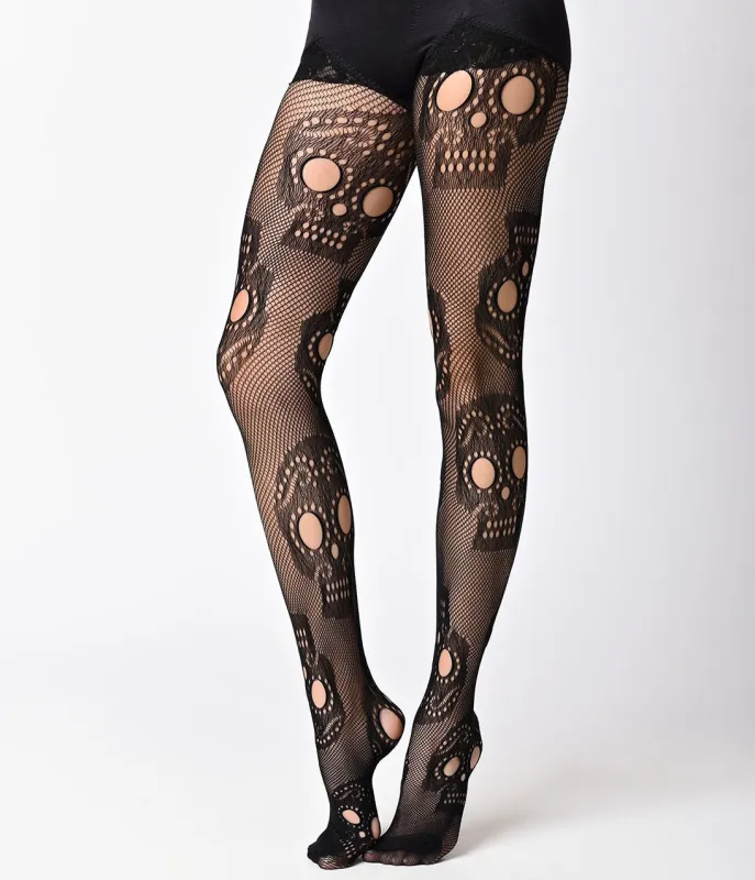 Black Sugar Skull Fishnet Pantyhose made by Unique Vintage