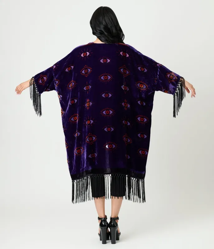 Unique Vintage Purple Evil Eye Burnout Fringe Kimono sold by Unique Vintage