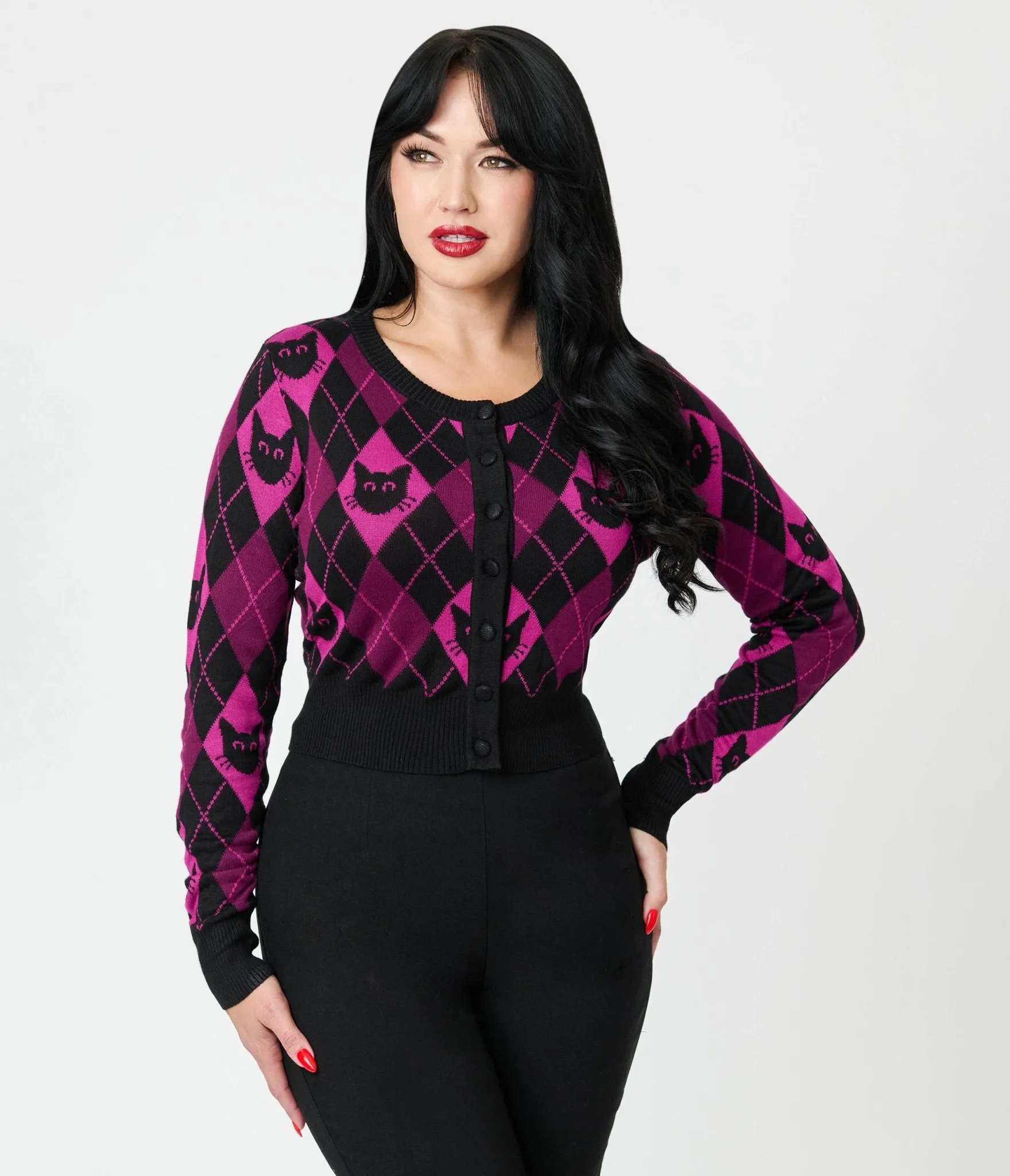 Jawbreaker Purple & Black Argyle Cat Cardigan sold by Unique Vintage