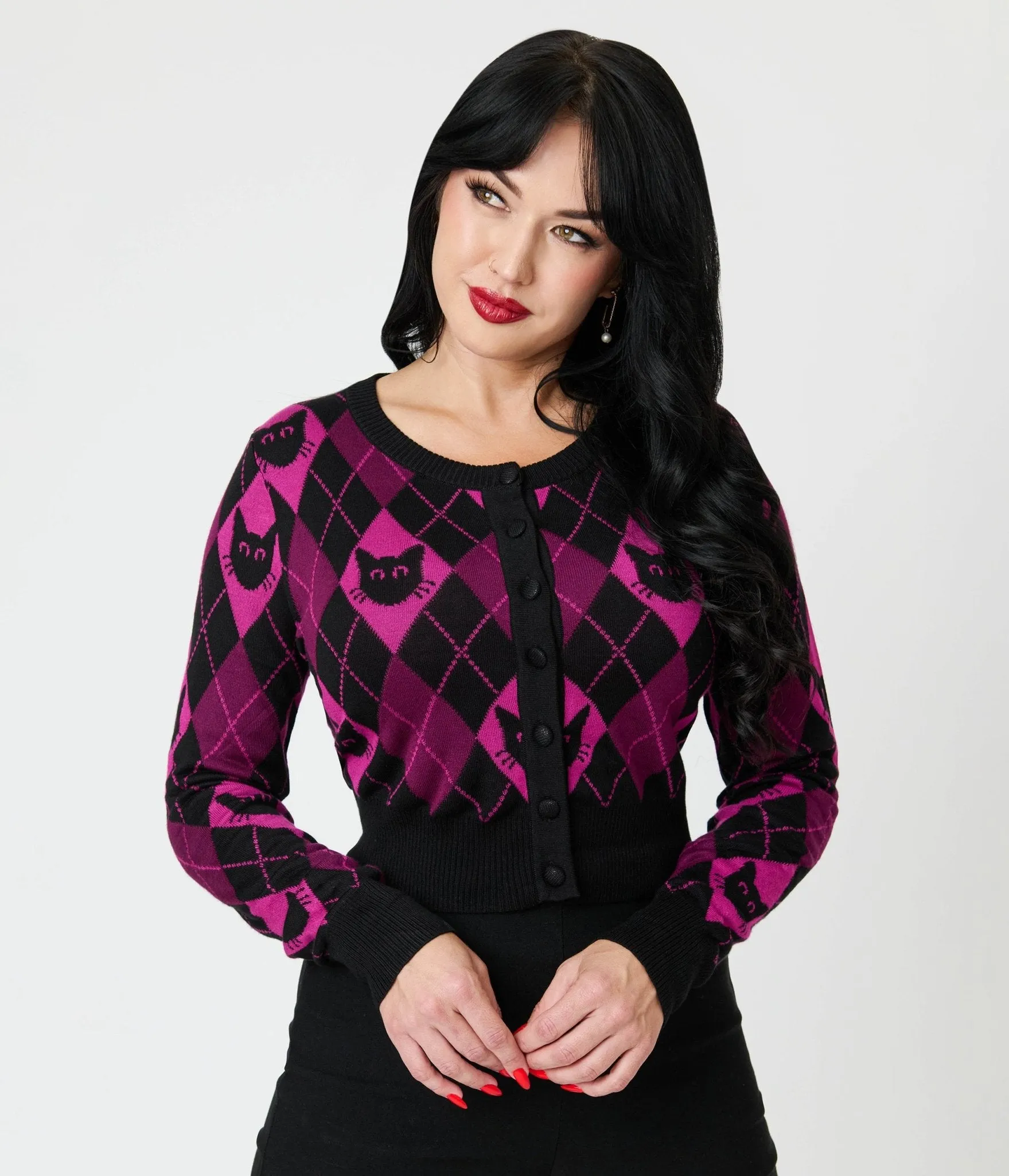 Jawbreaker Purple & Black Argyle Cat Cardigan sold by Unique Vintage product image thumbnail 3
