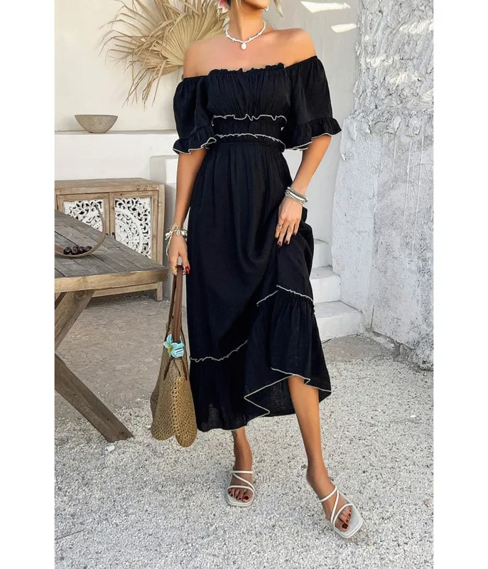 Black Off the Shoulder Ruffle Midi Dress made by Unique Vintage