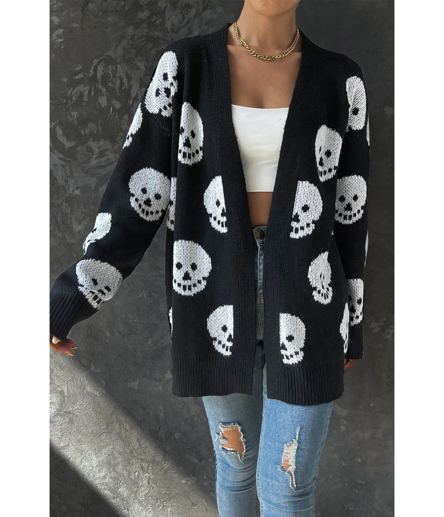 Black Halloween Skull Long Knit Cardigan sold by Unique Vintage product image thumbnail 4