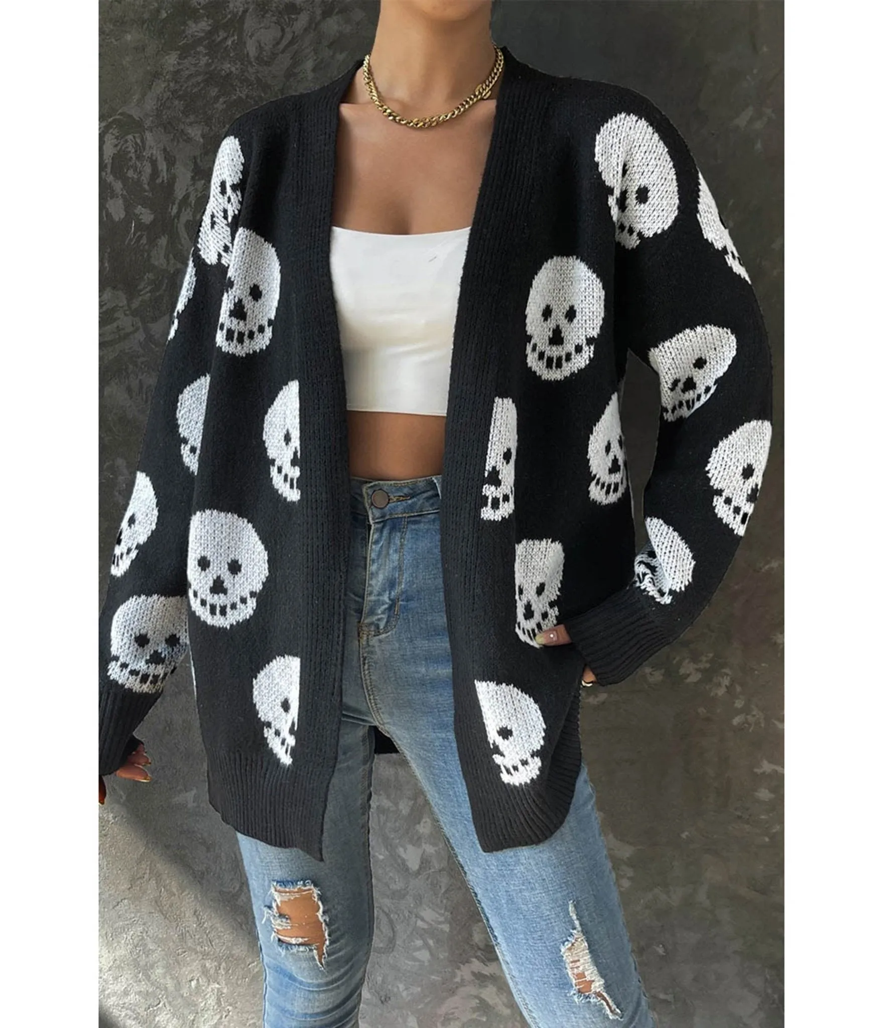 Black Halloween Skull Long Knit Cardigan sold by Unique Vintage