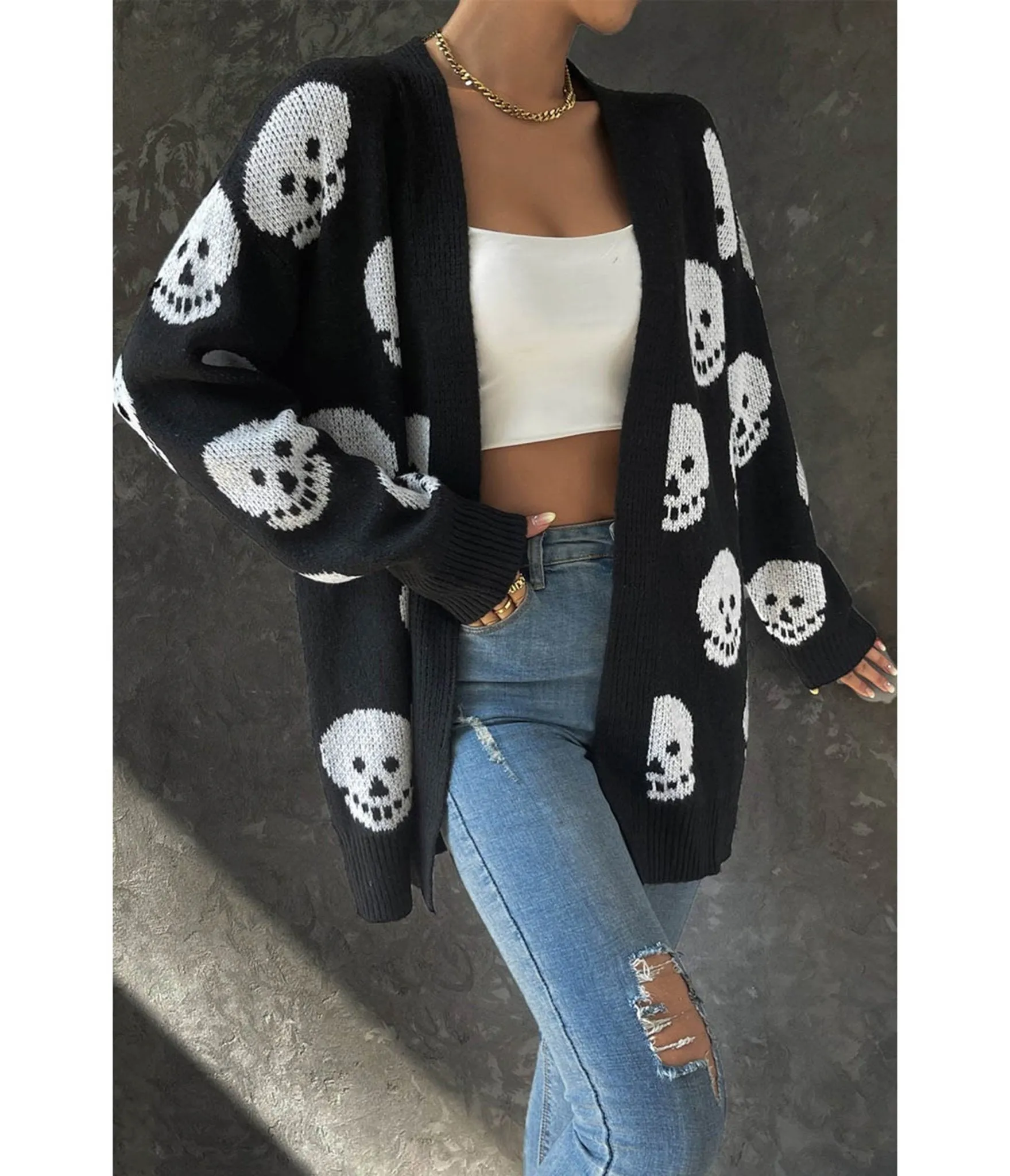 Black Halloween Skull Long Knit Cardigan sold by Unique Vintage product image thumbnail 3
