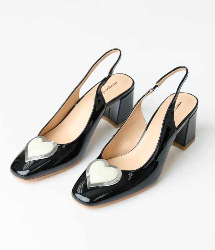 Unique Vintage Black & White Heart Leatherette Slingback Heels sold by Unique Vintage