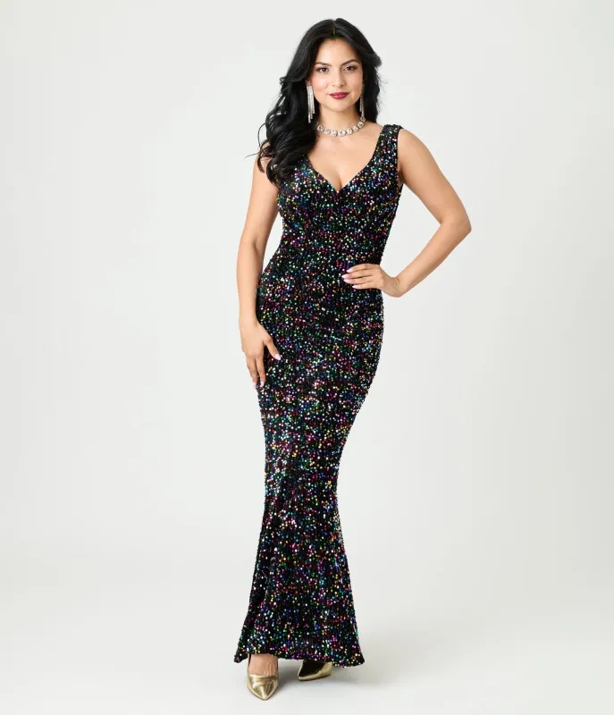 Unique Vintage Black Velvet & Rainbow Sequin Goldwyn Gown sold by Unique Vintage