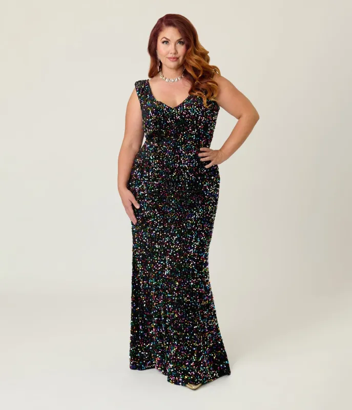 Unique Vintage Plus Size Black Velvet & Rainbow Sequin Goldwyn Gown sold by Unique Vintage