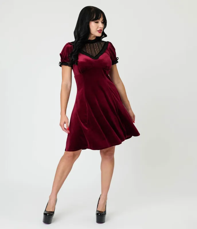 Hell Bunny Burgundy Velvet Mourning Mini Dress sold by Unique Vintage