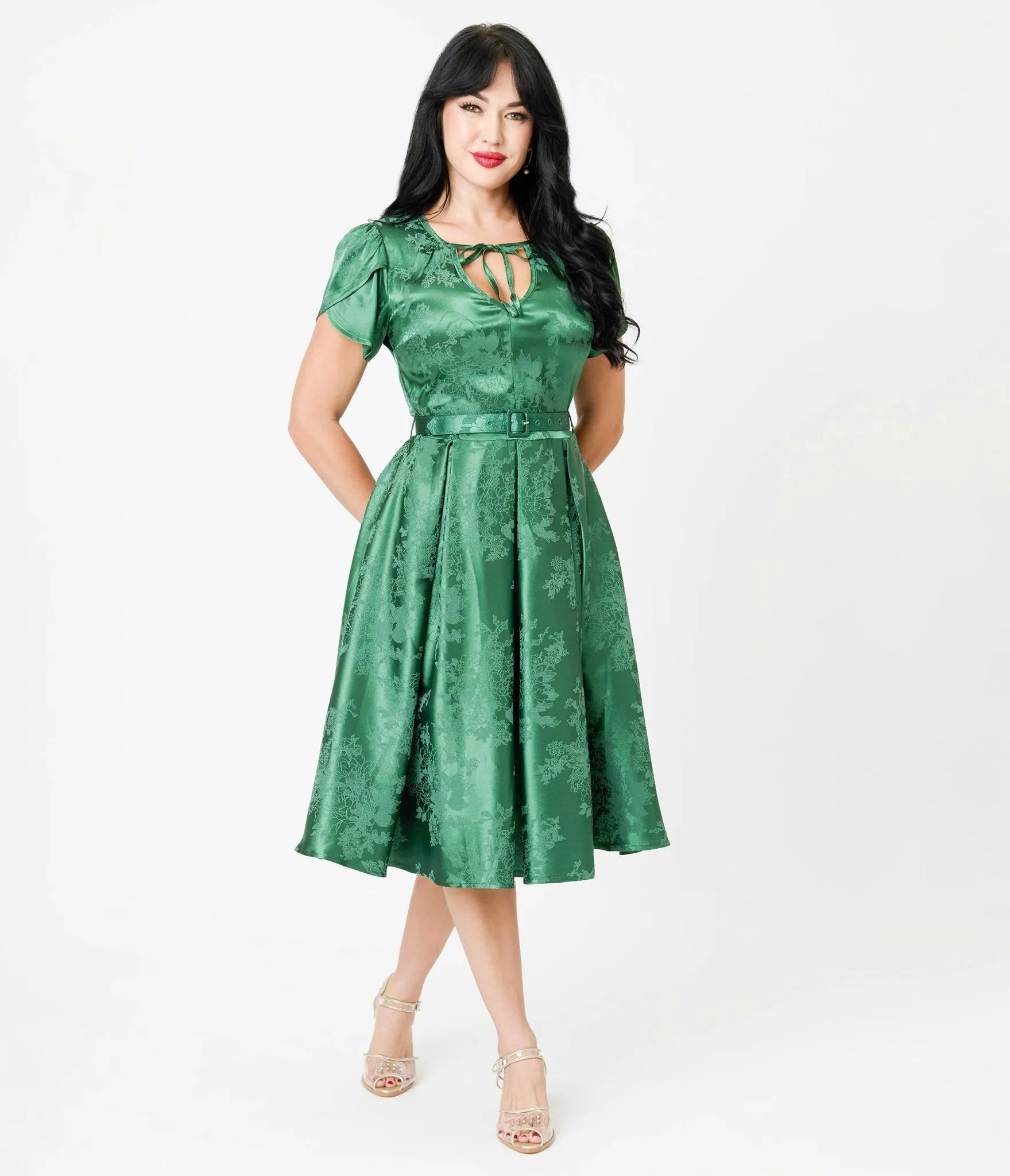 Unique Vintage Emerald Green Floral Print Dahlia Swing Dress sold by Unique Vintage product image thumbnail 3