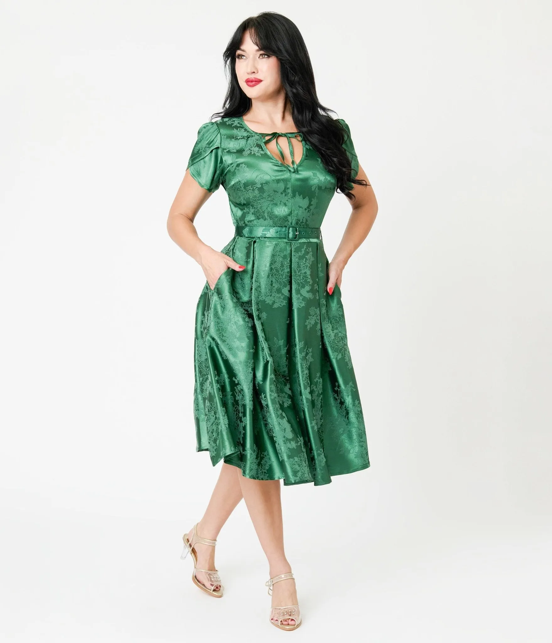 Unique Vintage Emerald Green Floral Print Dahlia Swing Dress sold by Unique Vintage product image thumbnail 4