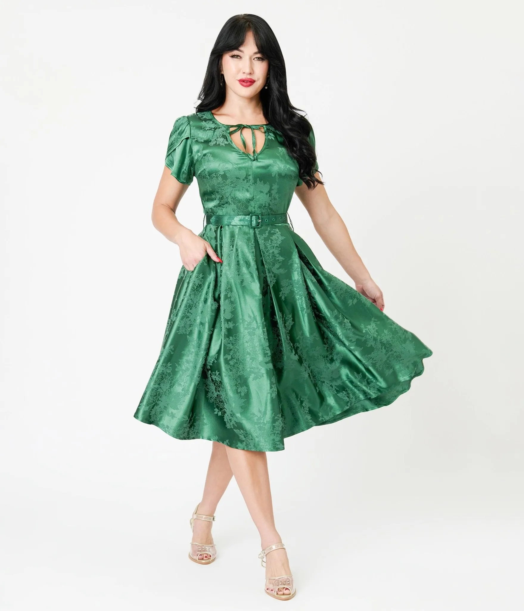 Unique Vintage Emerald Green Floral Print Dahlia Swing Dress sold by Unique Vintage