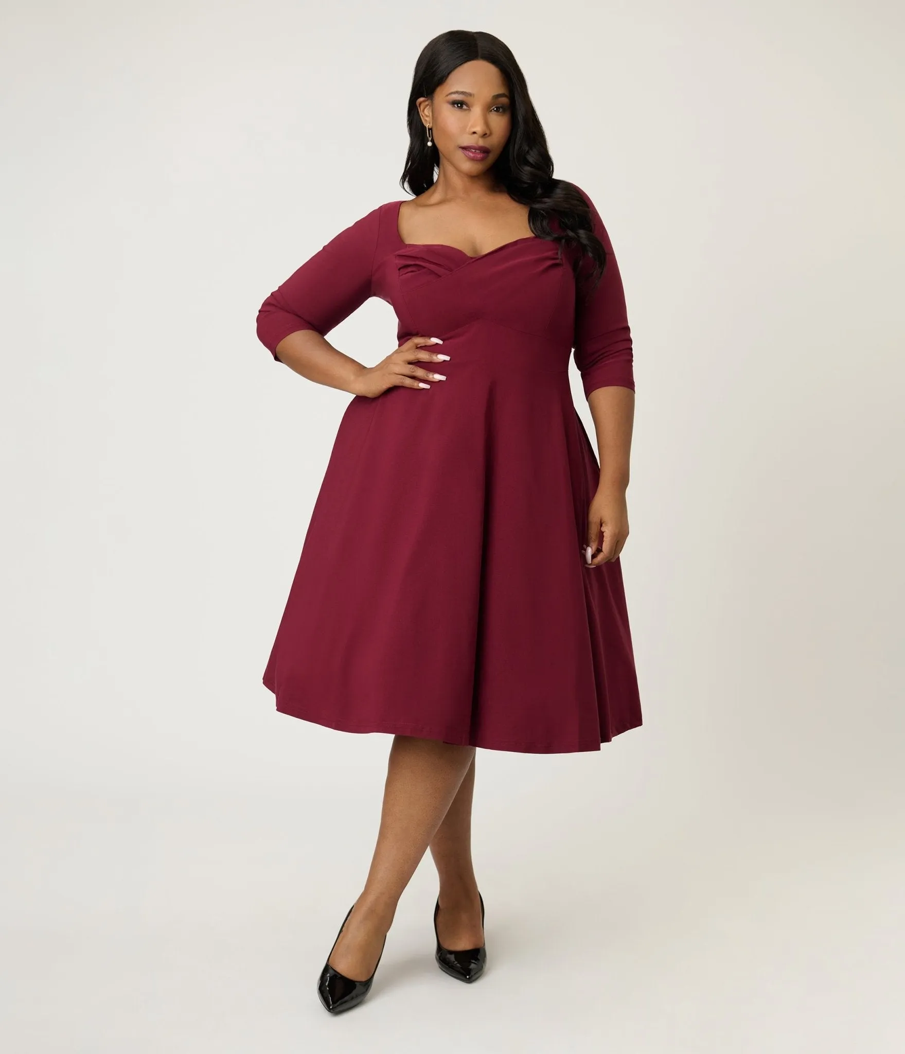 Unique Vintage Plus Size Burgundy Pleated Bust Swing Dress sold by Unique Vintage product image thumbnail 4