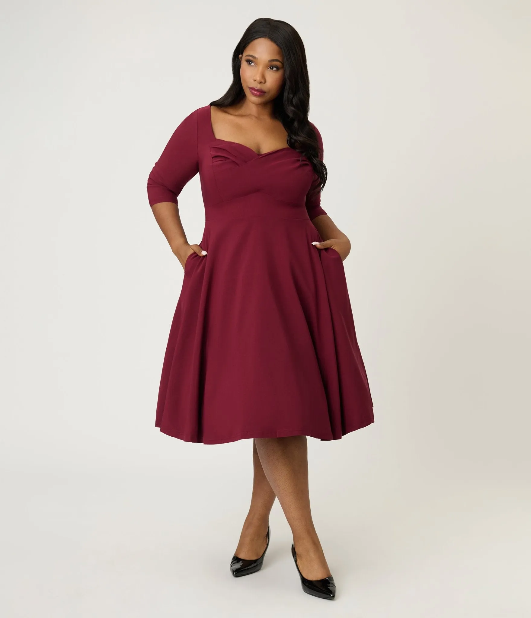 Unique Vintage Plus Size Burgundy Pleated Bust Swing Dress sold by Unique Vintage
