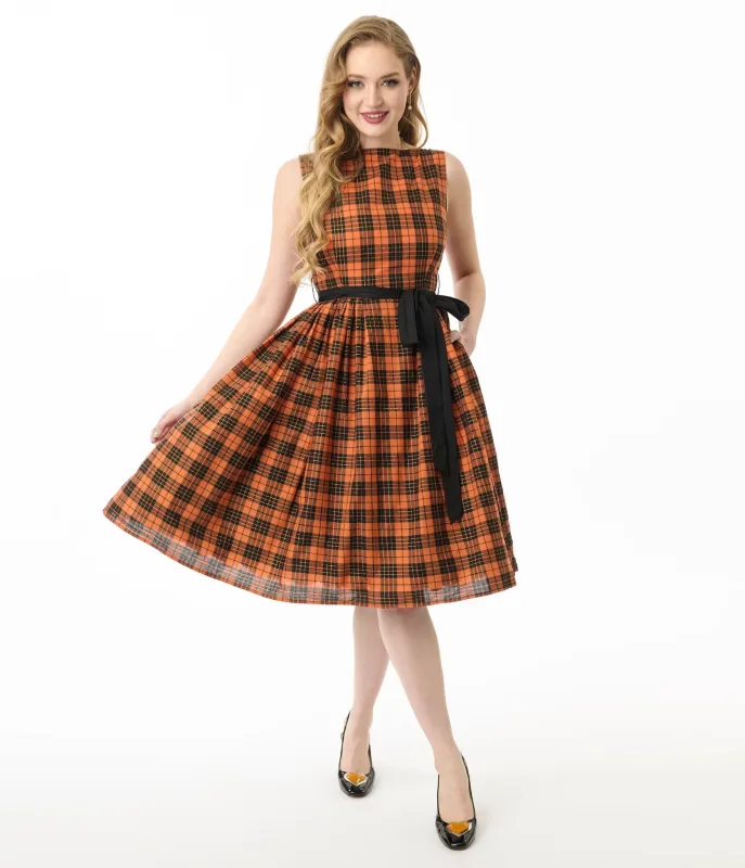 Unique Vintage Orange Plaid Sleeveless Cotton Swing Dress sold by Unique Vintage