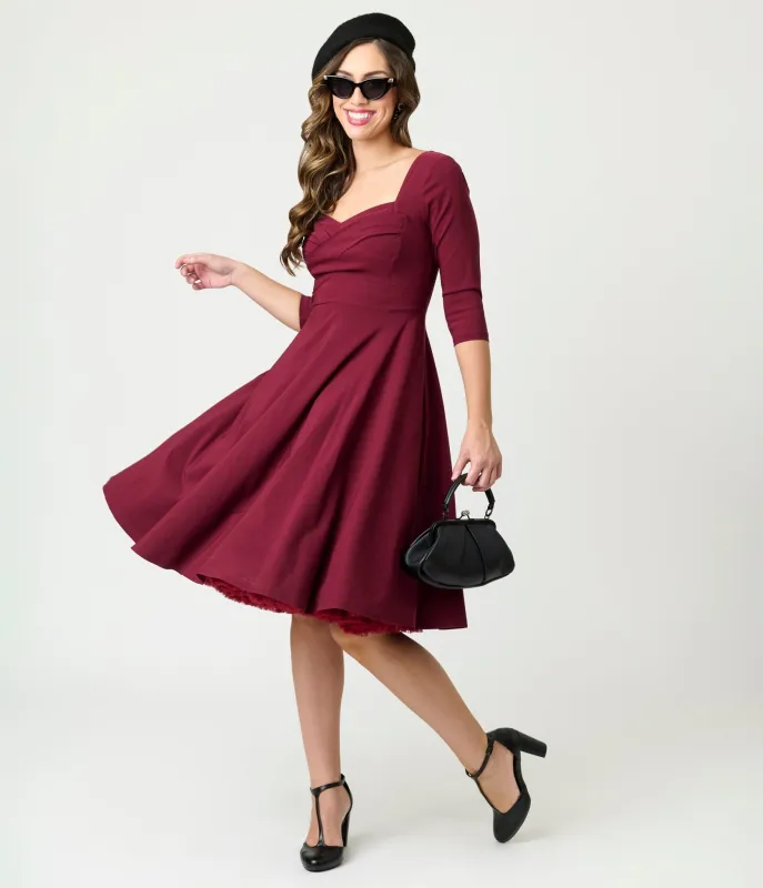 Unique Vintage Burgundy Pleated Bust Swing Dress sold by Unique Vintage