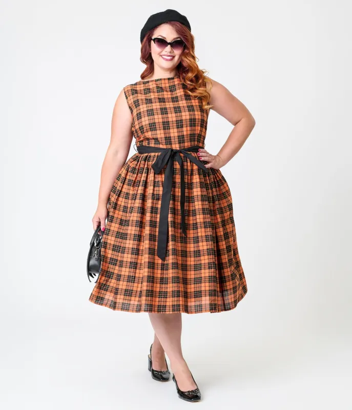 Unique Vintage Plus Size Orange Plaid Sleeveless Cotton Swing Dress sold by Unique Vintage