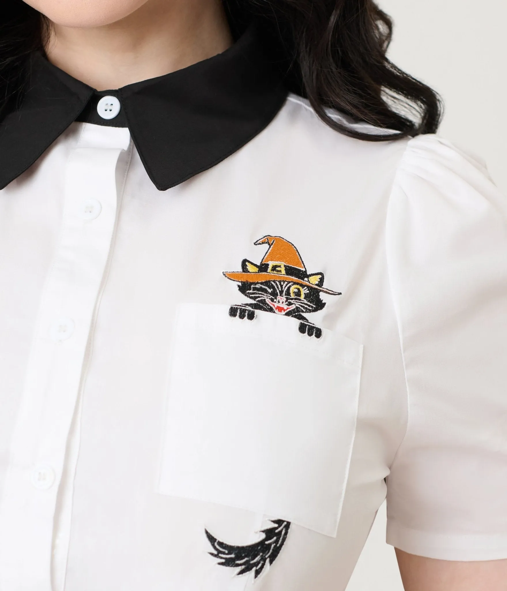 Unique Vintage White Spooky Cat Pocket Collared Blouse sold by Unique Vintage product image thumbnail 4