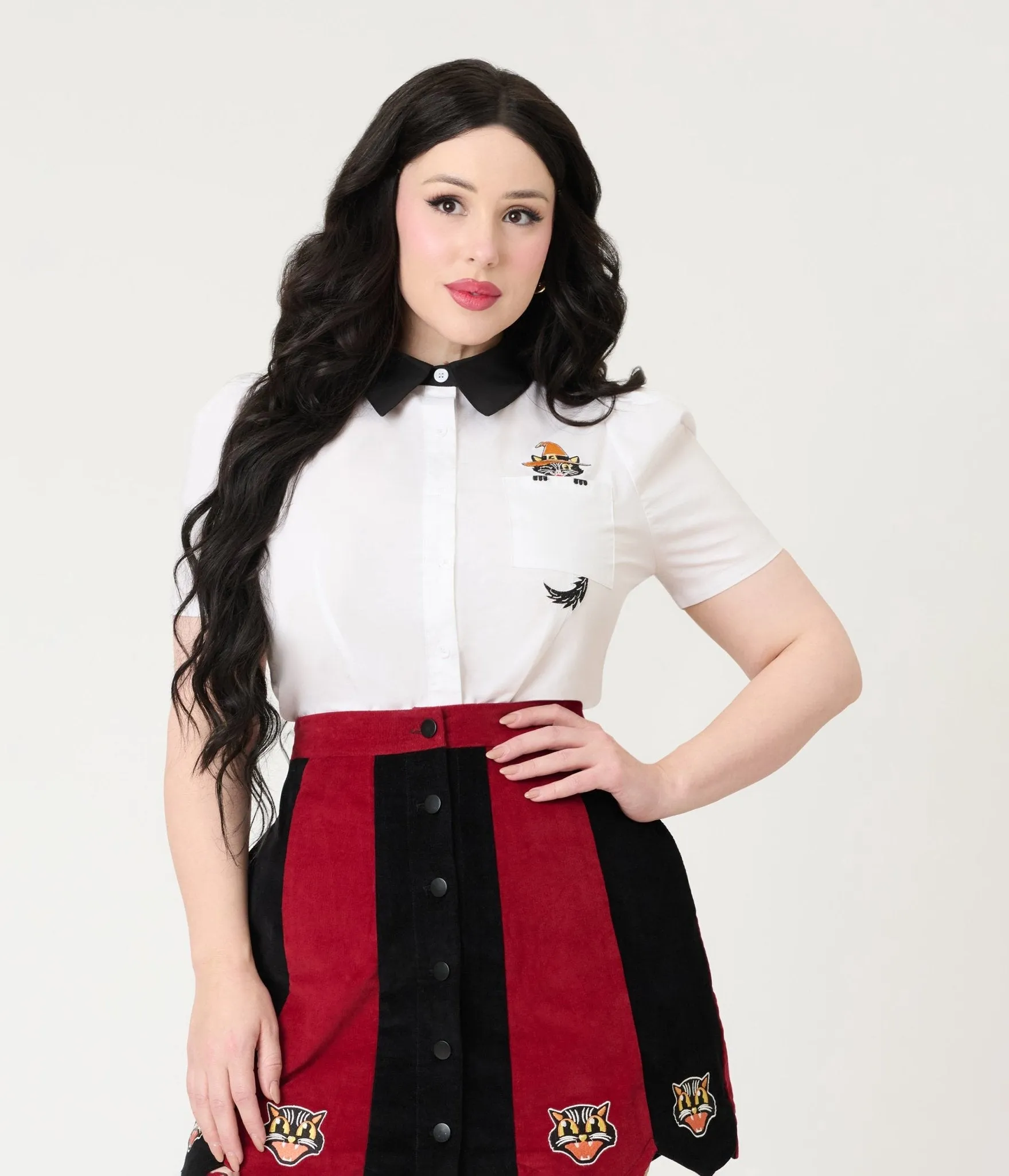Unique Vintage White Spooky Cat Pocket Collared Blouse sold by Unique Vintage