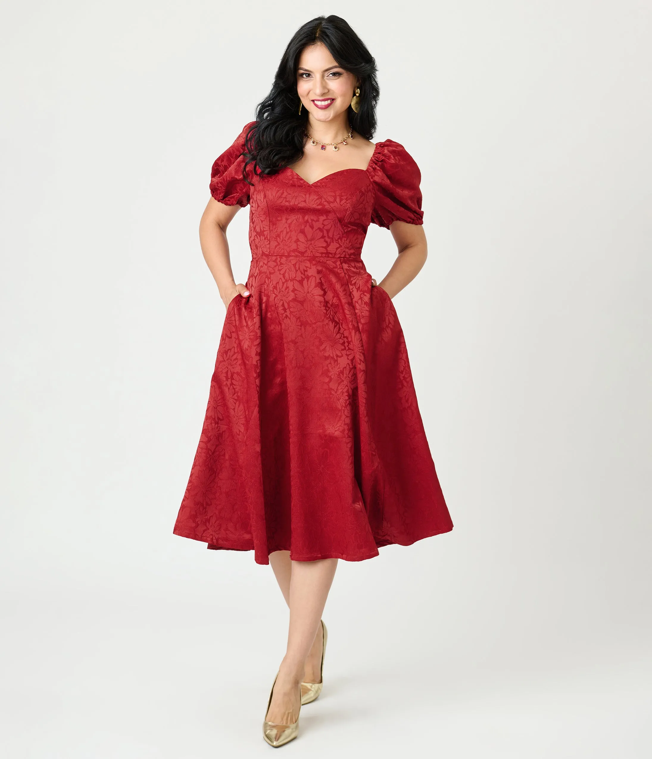Unique Vintage Burgundy Floral Jacquard Sweetheart Swing Dress sold by Unique Vintage product image thumbnail 3