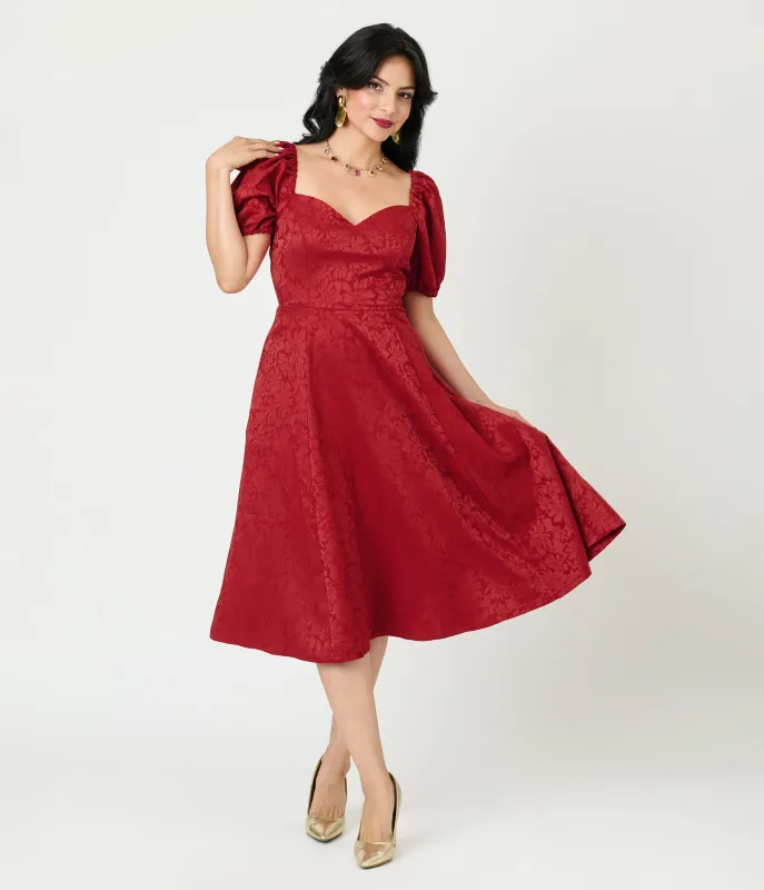 Unique Vintage Burgundy Floral Jacquard Sweetheart Swing Dress sold by Unique Vintage