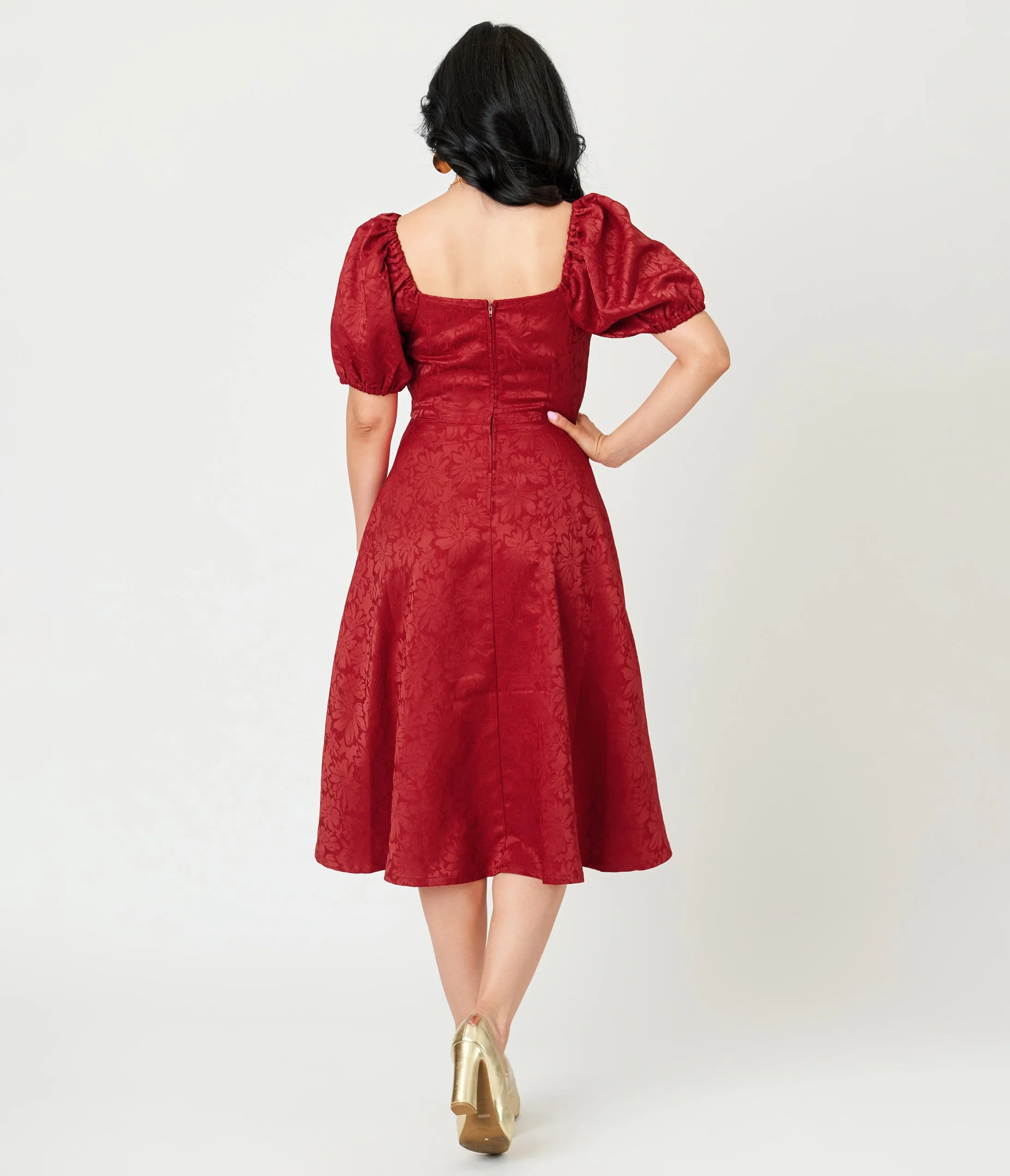 Unique Vintage Burgundy Floral Jacquard Sweetheart Swing Dress sold by Unique Vintage product image thumbnail 2