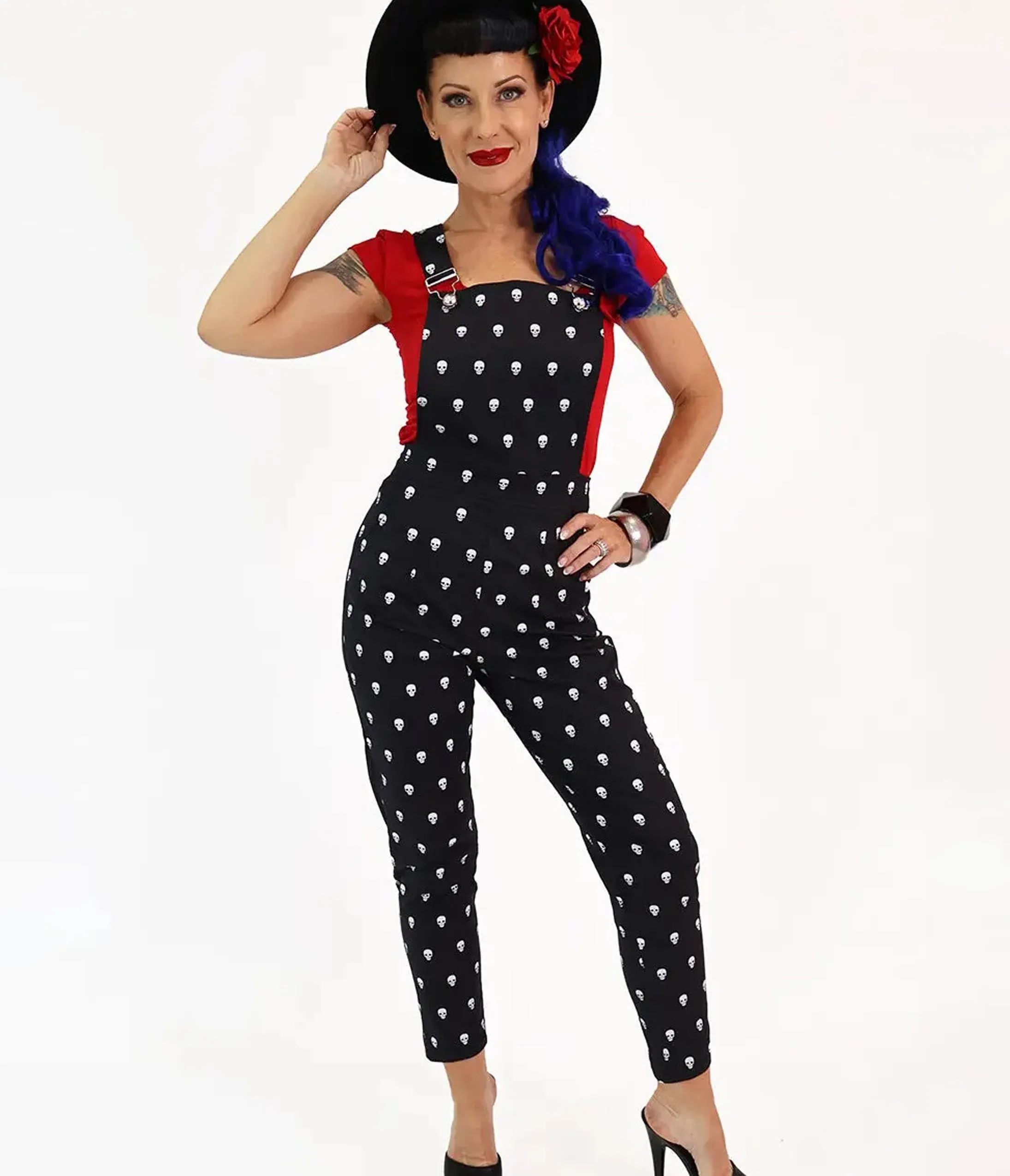 Bonsai Kitten Haunted Skull Print Black Overalls sold by Unique Vintage