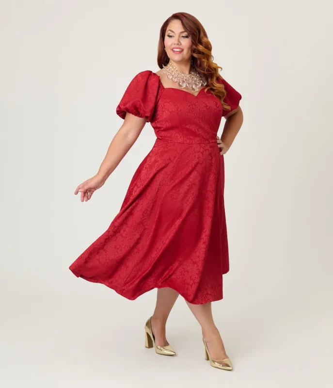 Unique Vintage Plus Size Burgundy Floral Jacquard Sweetheart Swing Dress sold by Unique Vintage