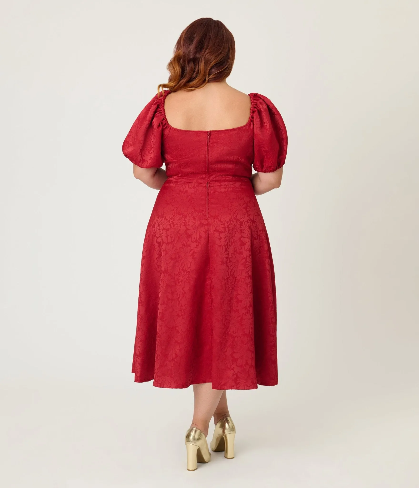 Unique Vintage Plus Size Burgundy Floral Jacquard Sweetheart Swing Dress sold by Unique Vintage product image thumbnail 2
