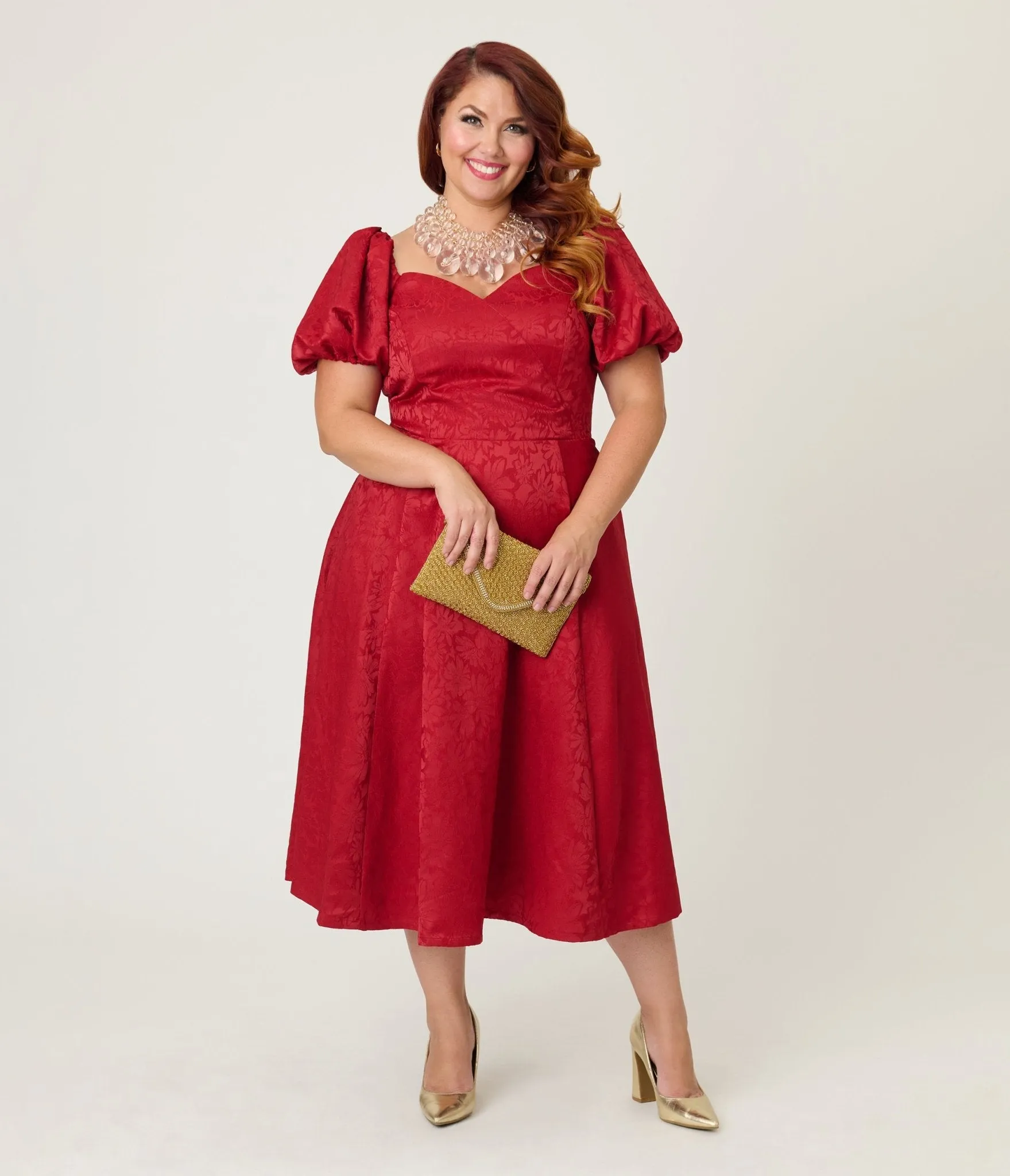 Unique Vintage Plus Size Burgundy Floral Jacquard Sweetheart Swing Dress sold by Unique Vintage product image thumbnail 3