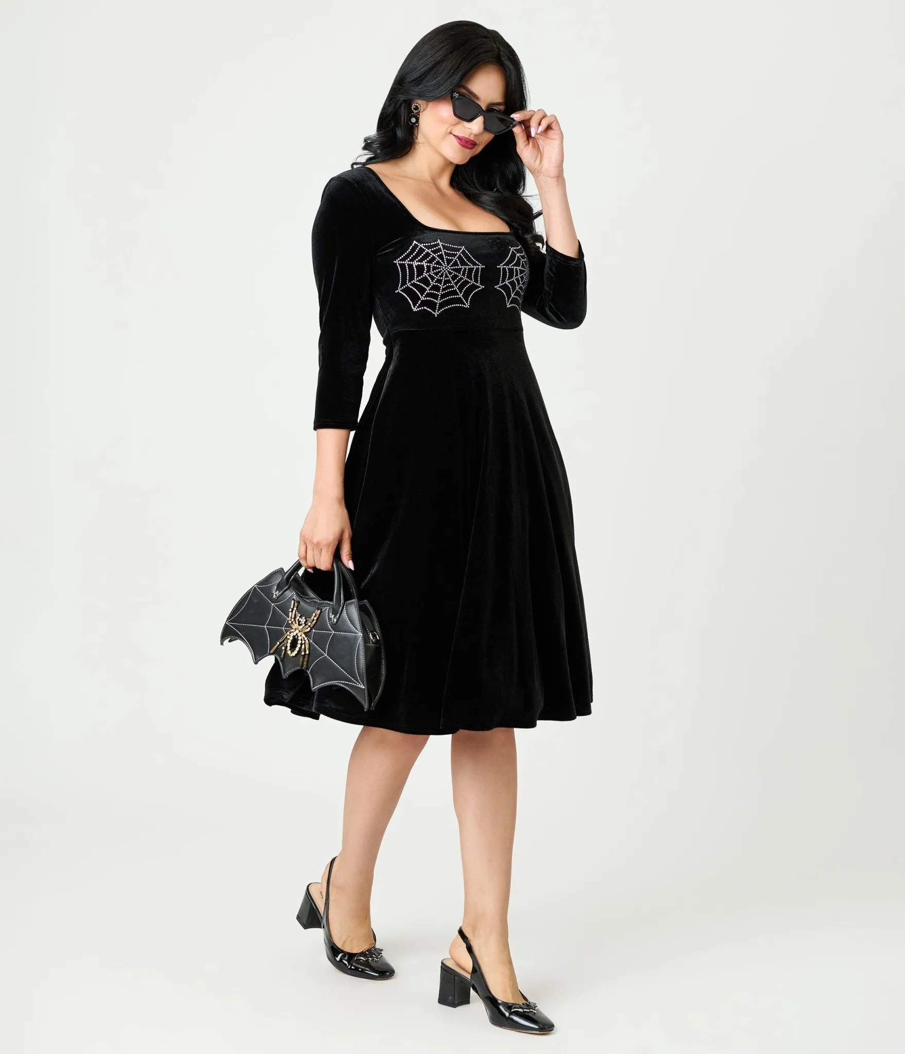 Unique Vintage Black Spiderweb Square Neck Swing Dress sold by Unique Vintage
