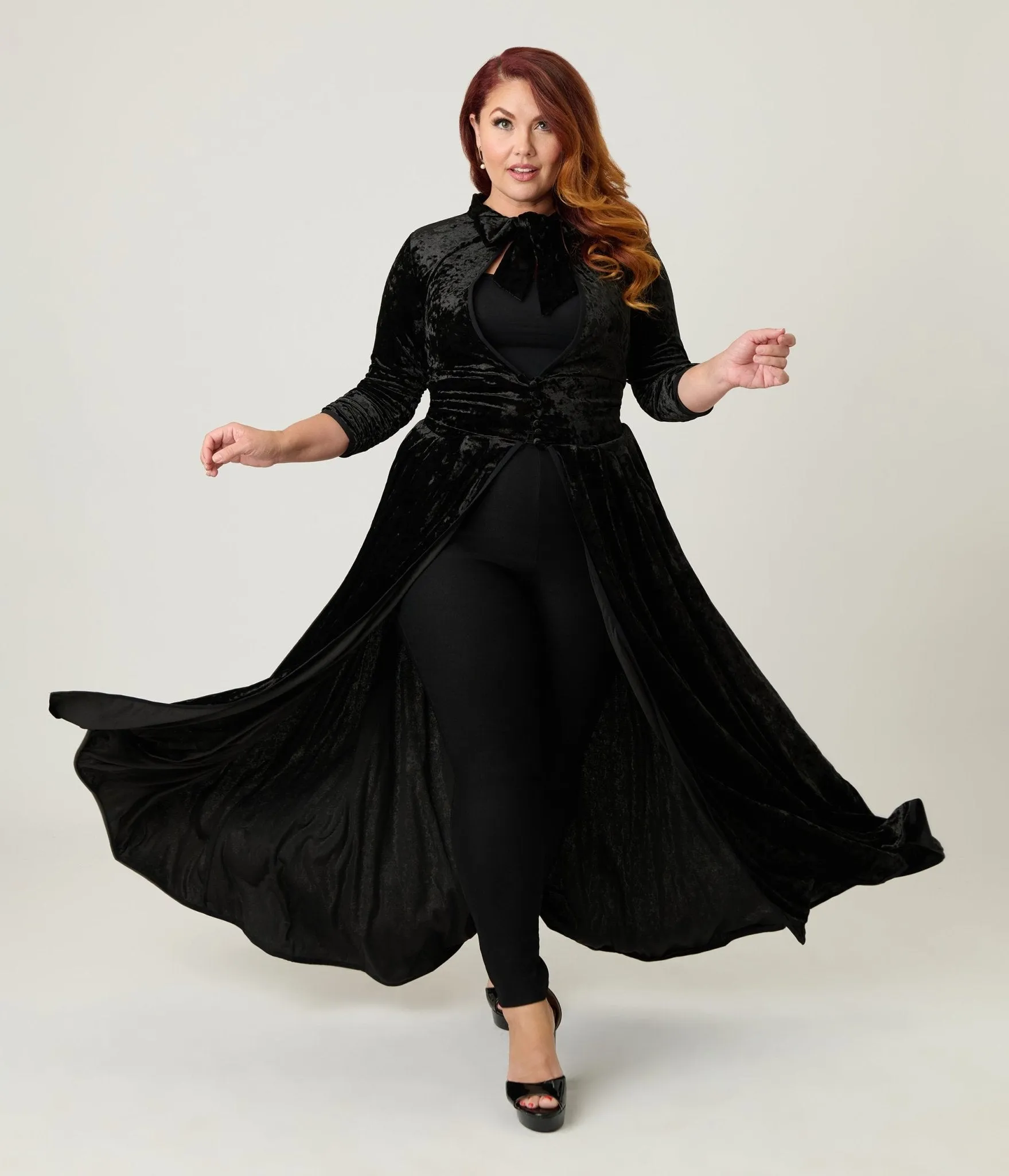Unique Vintage Plus Size Black Crushed Velvet Starlet Duster sold by Unique Vintage