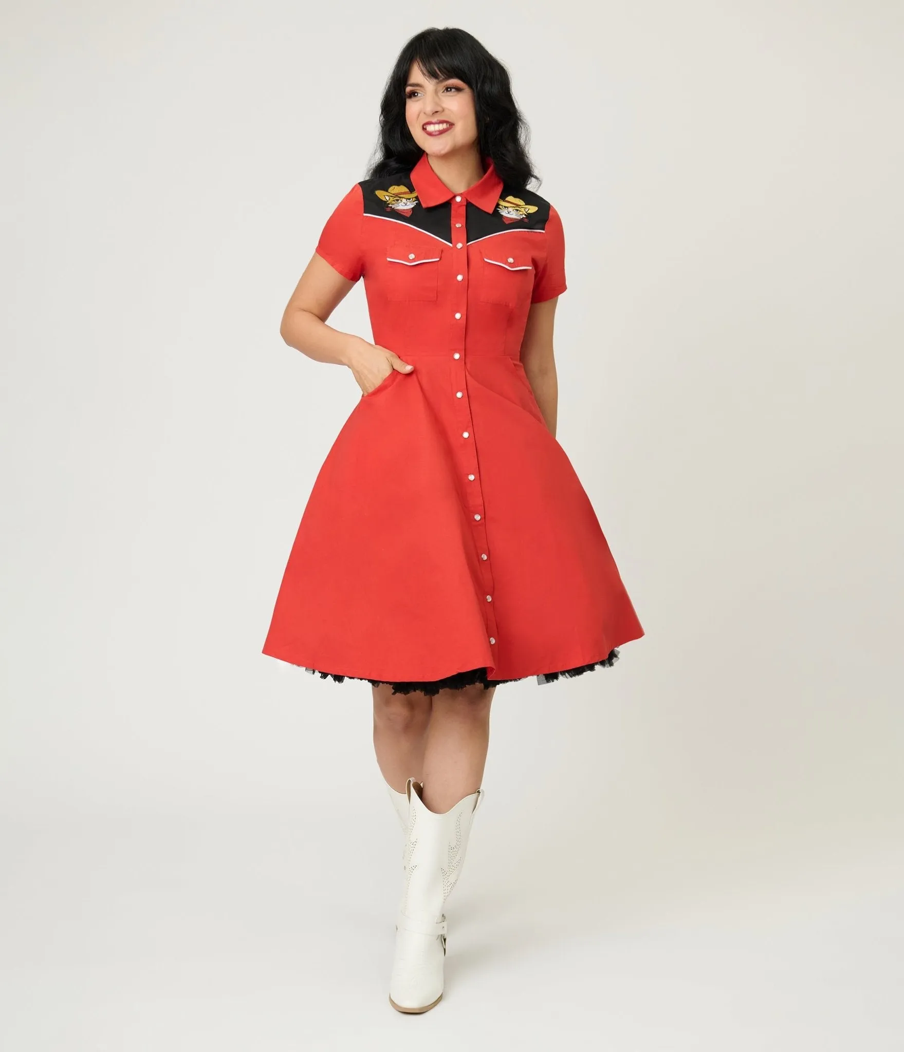 Smak Parlour Red Embroidered Cowboy Cat Western Flare Dress sold by Unique Vintage product image thumbnail 3