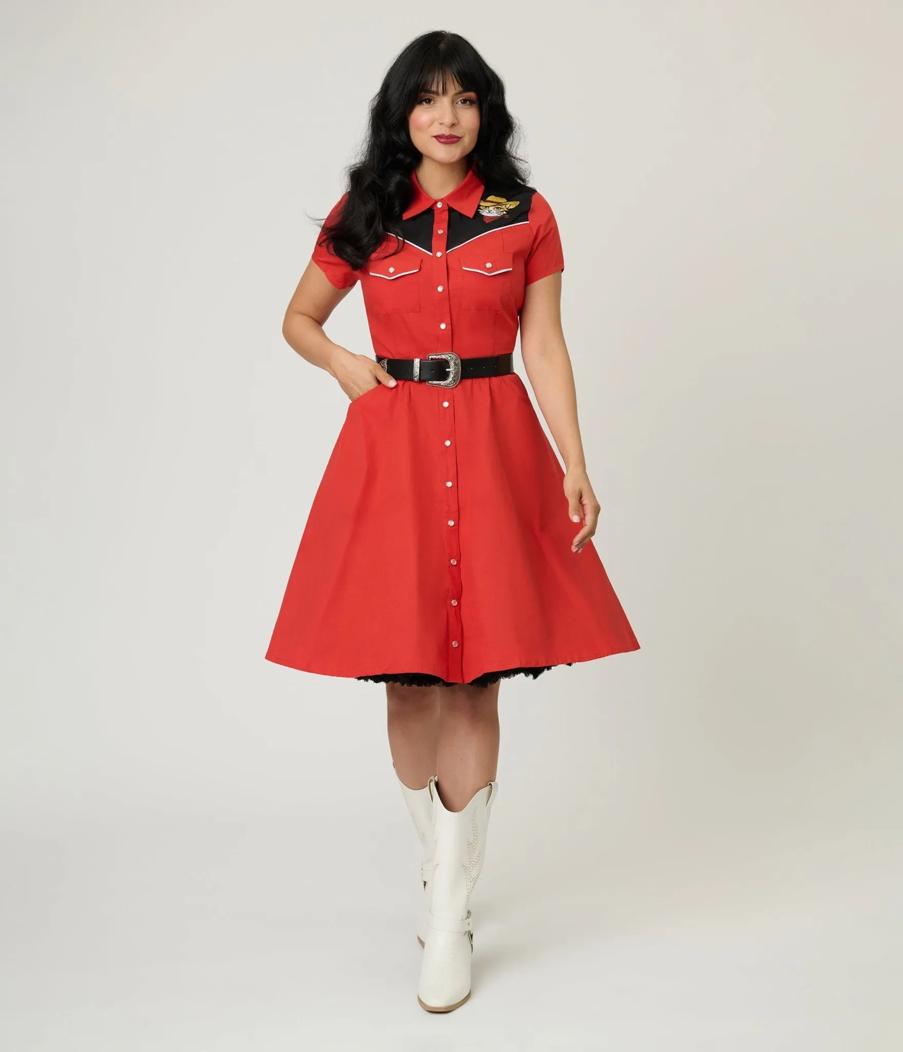 Smak Parlour Red Embroidered Cowboy Cat Western Flare Dress sold by Unique Vintage product image thumbnail 4