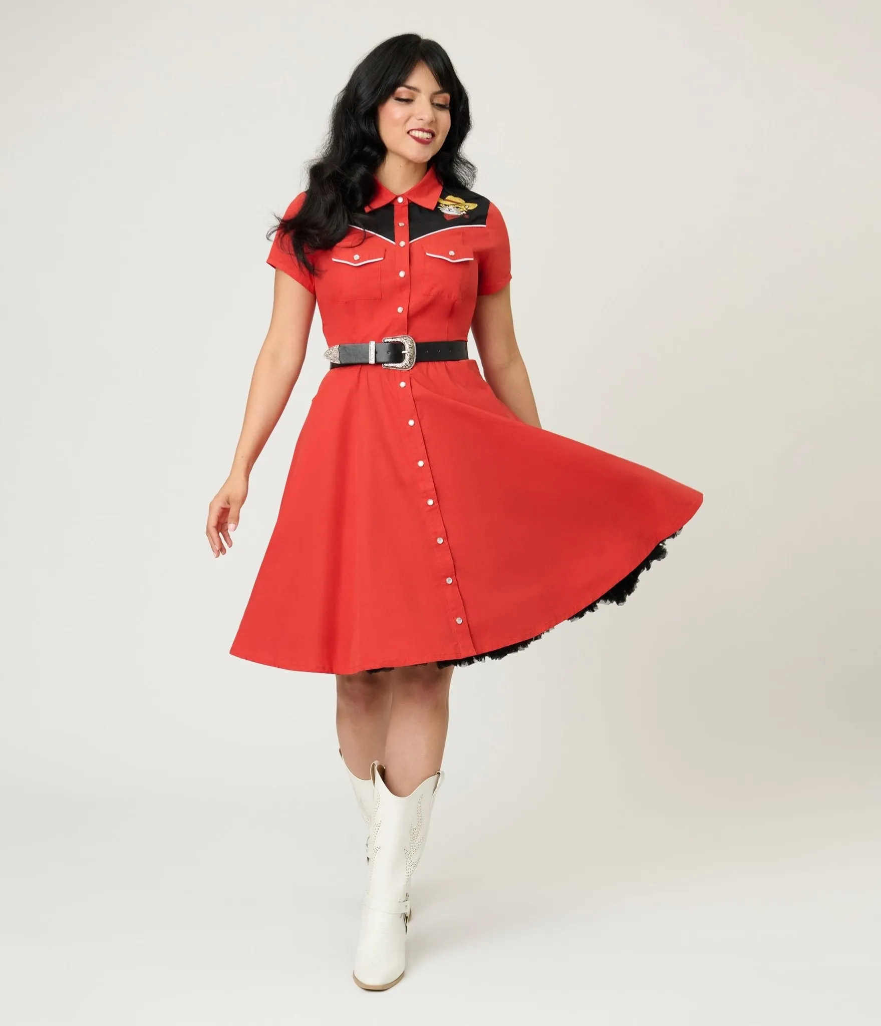 Smak Parlour Red Embroidered Cowboy Cat Western Flare Dress sold by Unique Vintage