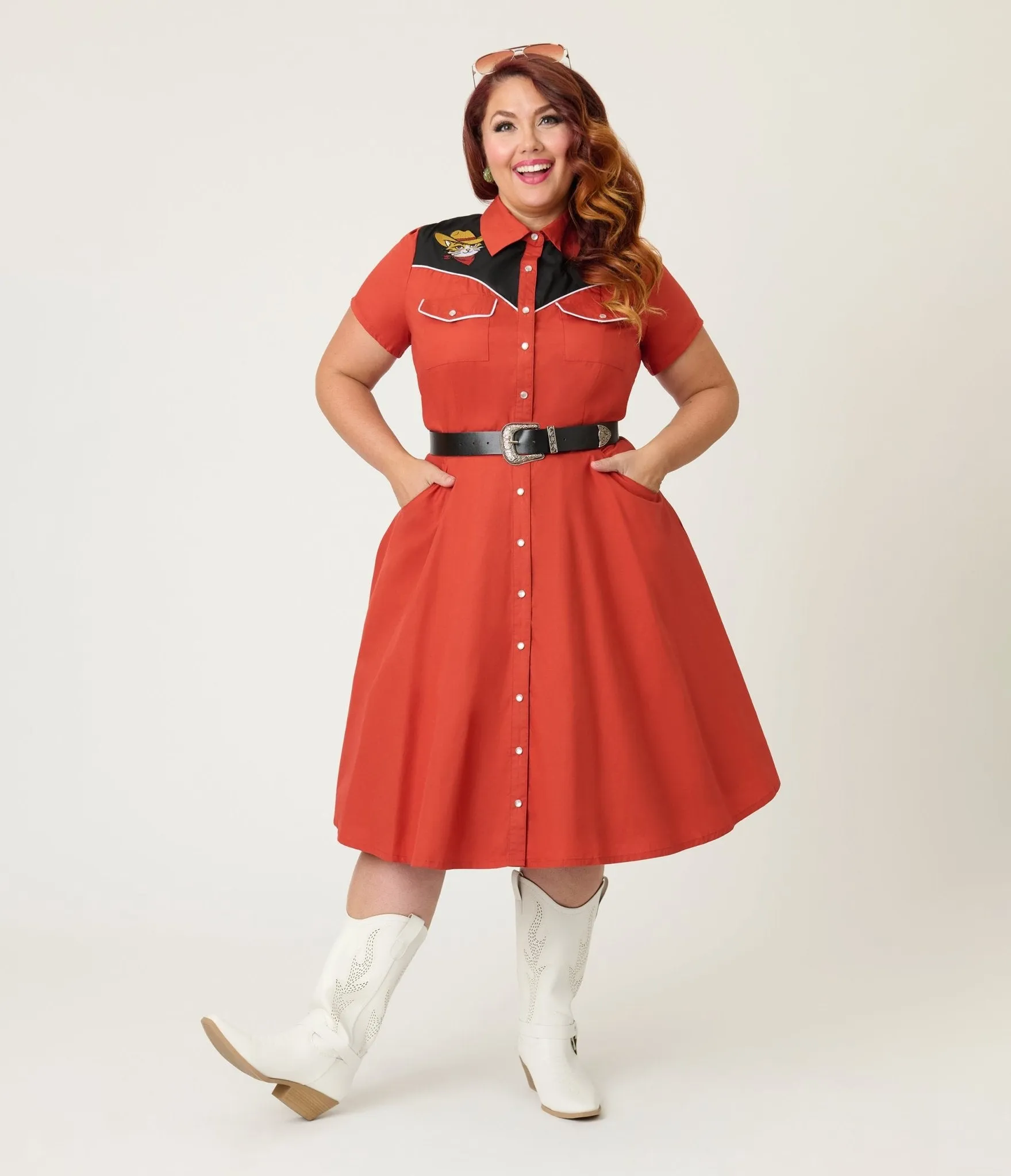 Smak Parlour Plus Size Red Embroidered Cowboy Cat Western Flare Dress sold by Unique Vintage product image thumbnail 4