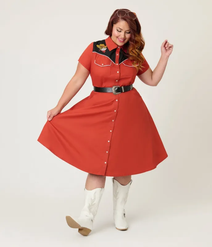 Smak Parlour Plus Size Red Embroidered Cowboy Cat Western Flare Dress sold by Unique Vintage