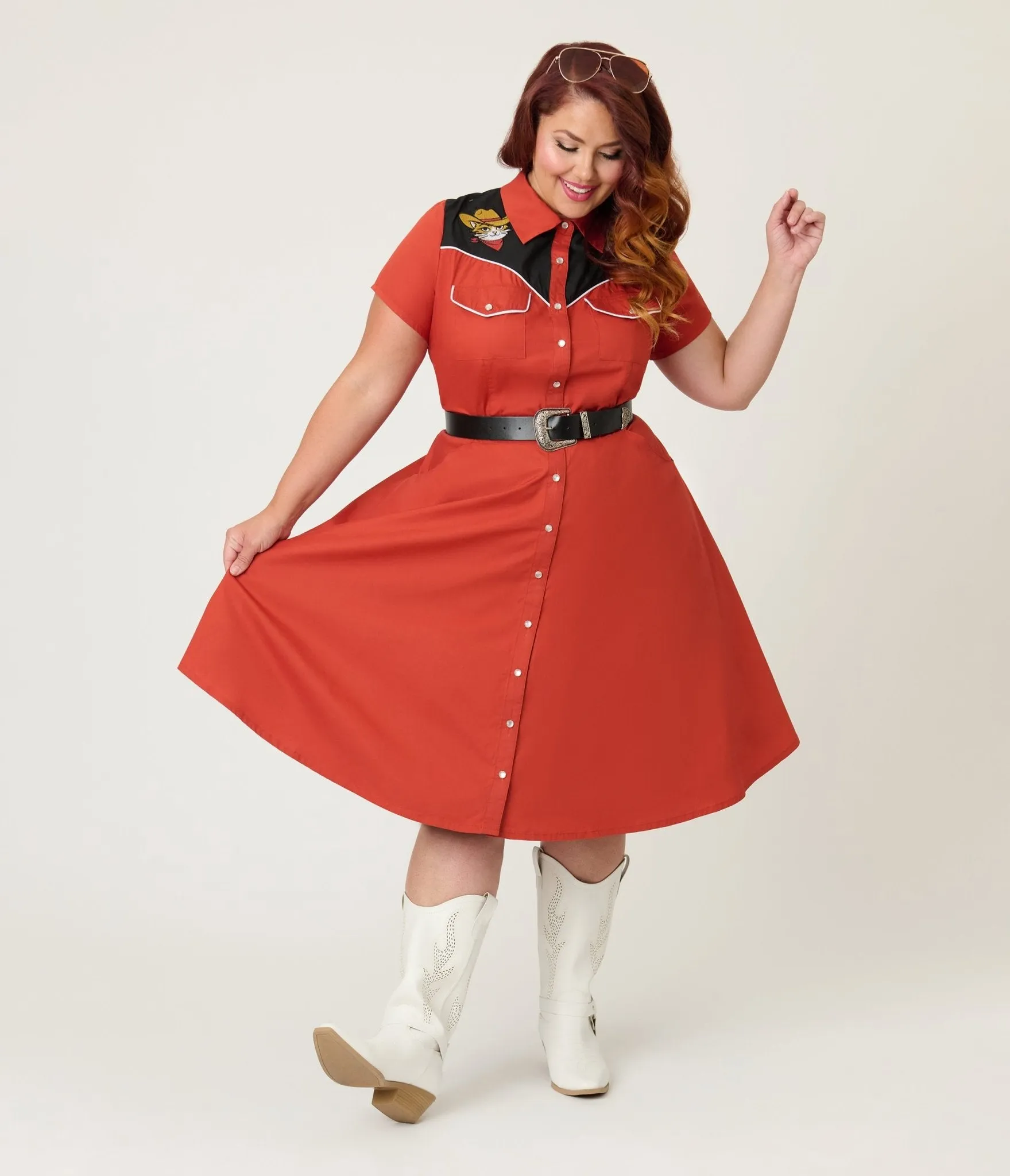 Smak Parlour Plus Size Red Embroidered Cowboy Cat Western Flare Dress sold by Unique Vintage