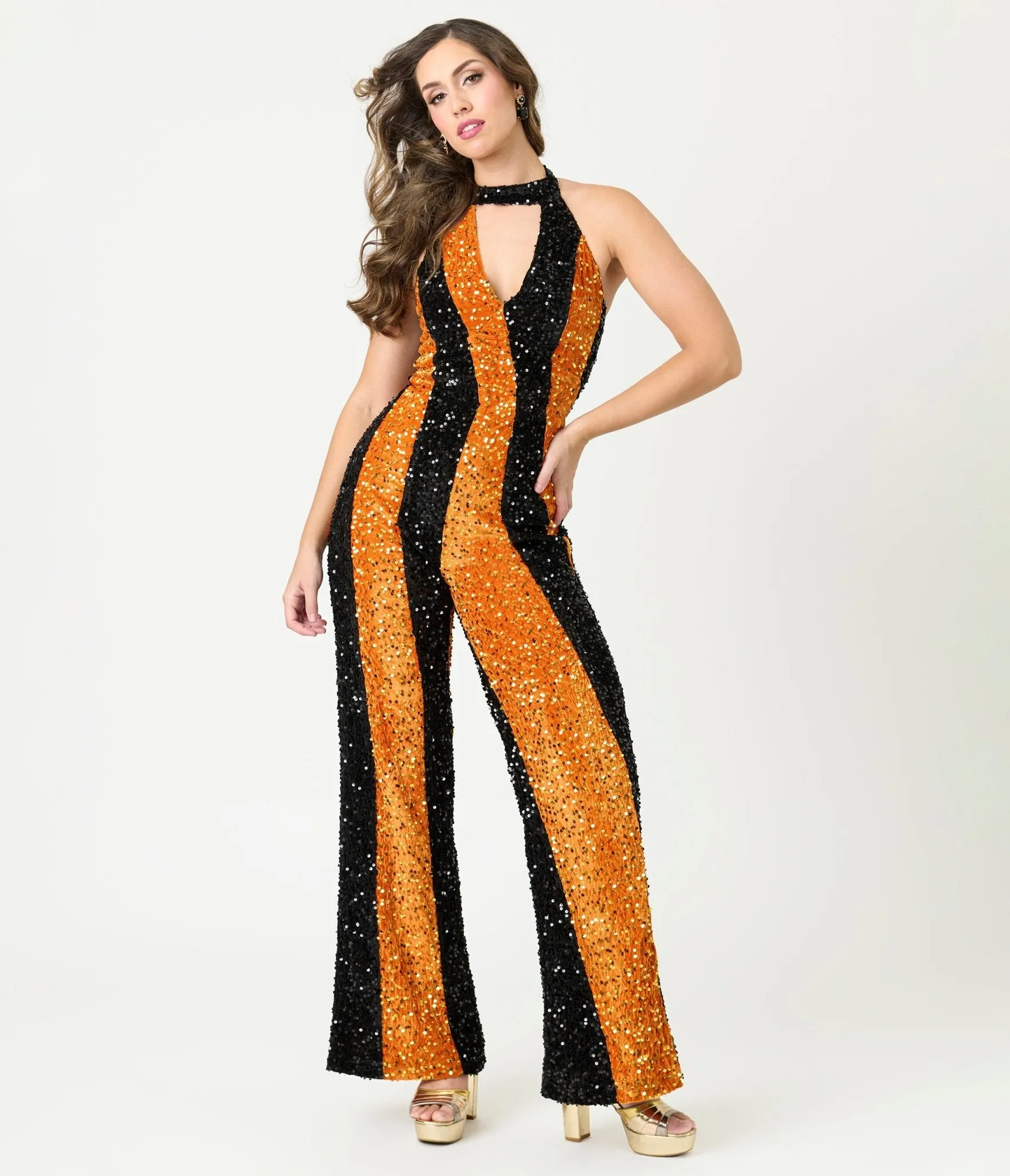 Smak Parlour Orange & Silver Sequin Glamour Goddess Jumpsuit sold by Unique Vintage