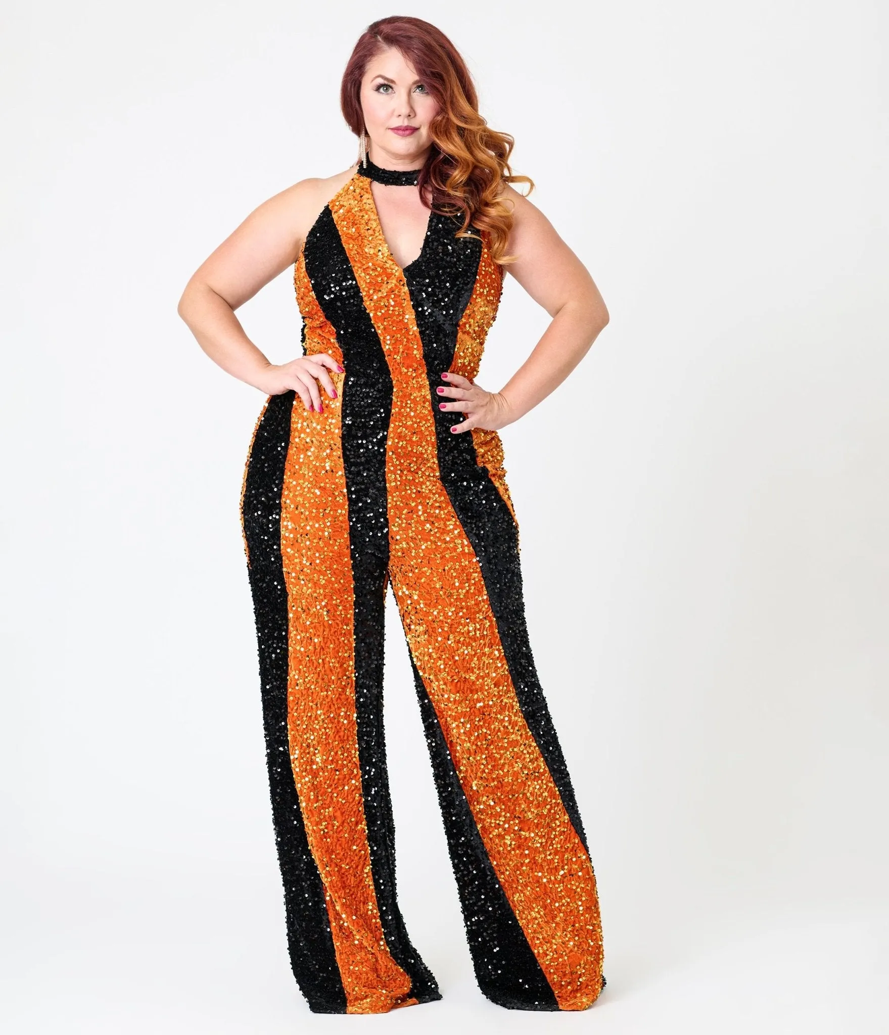 Smak Parlour Plus Size Orange & Silver Sequin Glamour Goddess Jumpsuit sold by Unique Vintage product image thumbnail 4