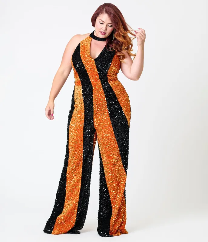 Smak Parlour Plus Size Orange & Silver Sequin Glamour Goddess Jumpsuit sold by Unique Vintage