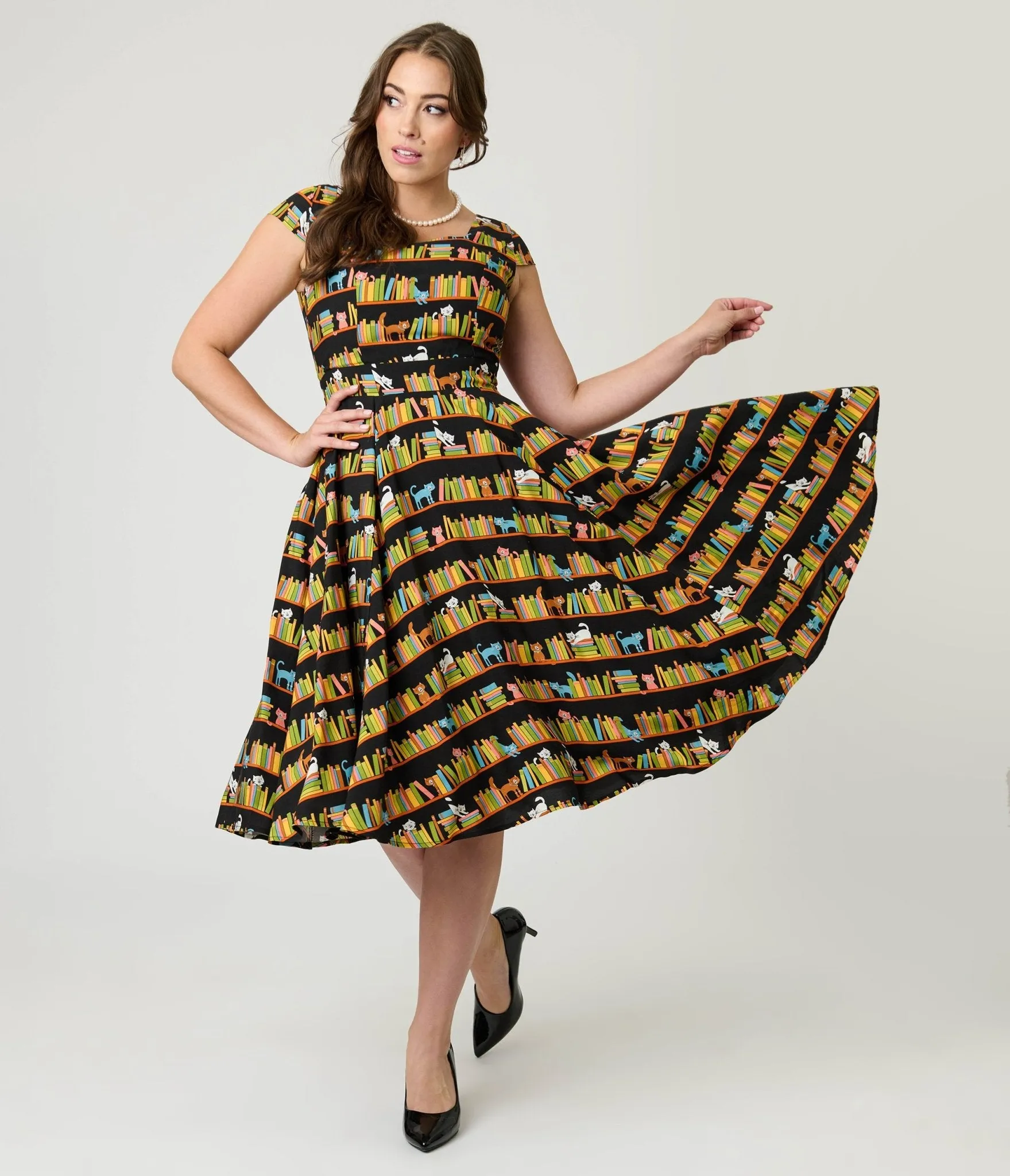 Magnolia Place Bookshelf Cats Anna Swing Dress sold by Unique Vintage