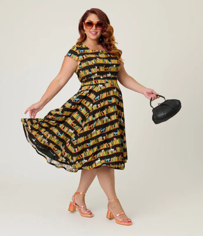 Magnolia Place Plus Size Bookshelf Cats Anna Swing Dress sold by Unique Vintage