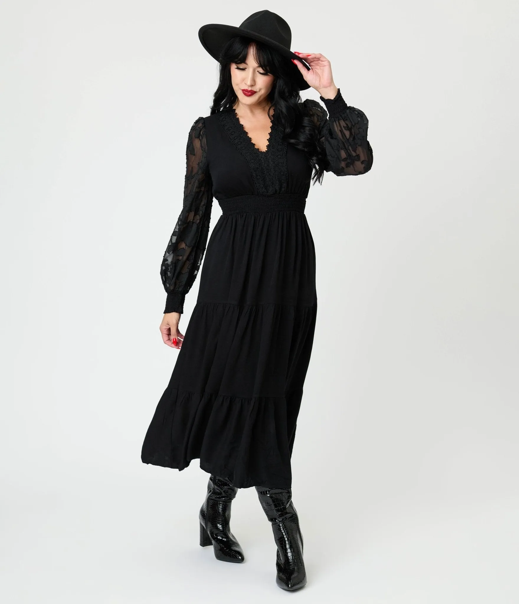 Black Lace V-Neck Tiered Midi Dress sold by Unique Vintage product image thumbnail 3