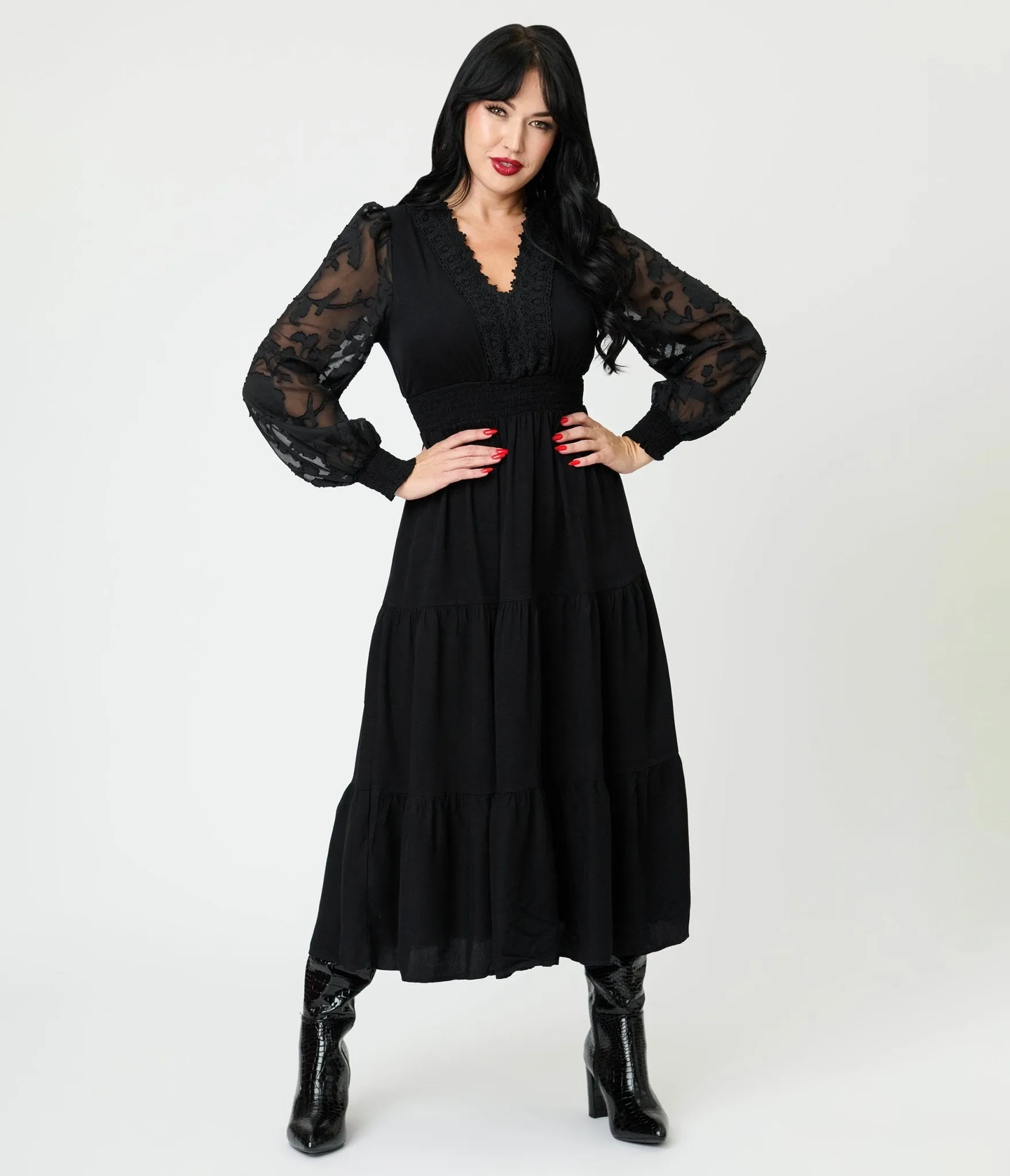 Black Lace V-Neck Tiered Midi Dress sold by Unique Vintage product image thumbnail 4