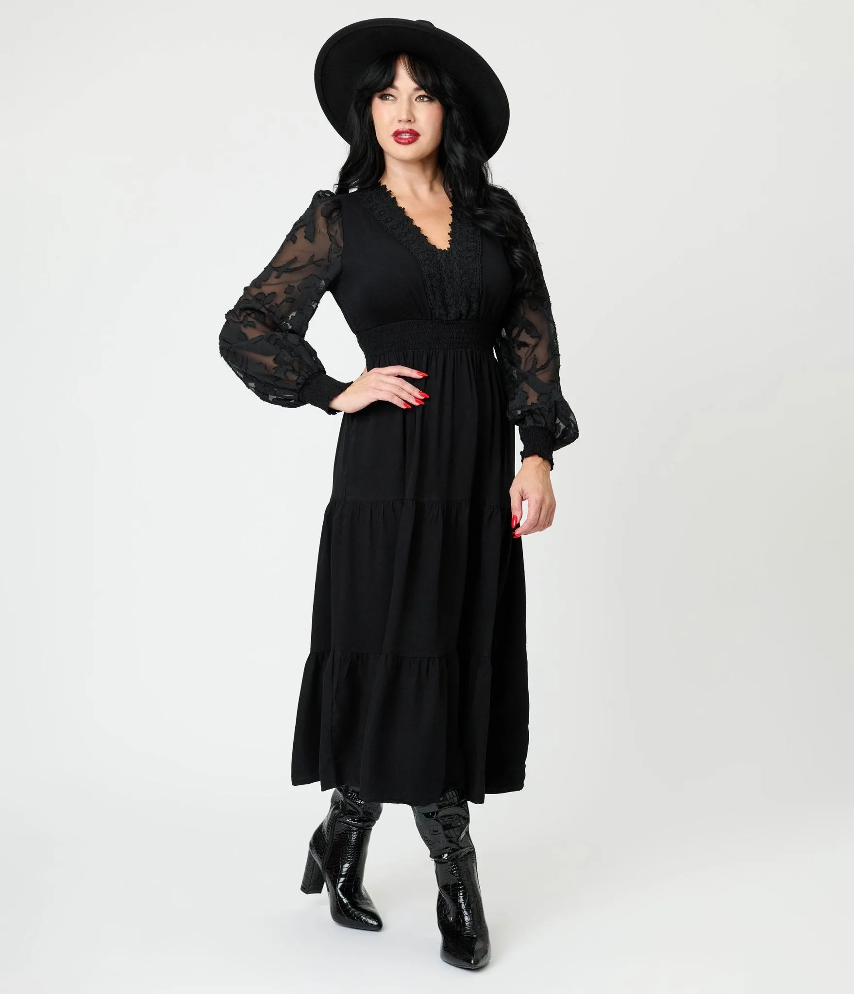 Black Lace V-Neck Tiered Midi Dress sold by Unique Vintage